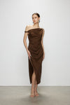 Artel Retro Brown Off-Shoulder Long Split  Midi Dress