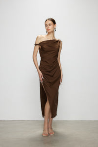 Artel Retro Brown Off-Shoulder Long Split  Midi Dress