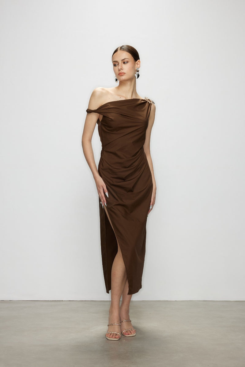 Artel Retro Brown Off-Shoulder Long Split  Midi Dress