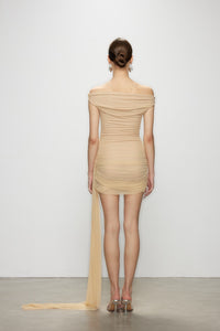Artel Retro Sheer Nude Off-shoulder Mini  Dress