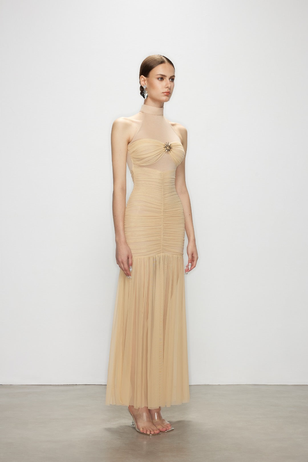 Artel Retro Halter Beige Mesh Midi Dress