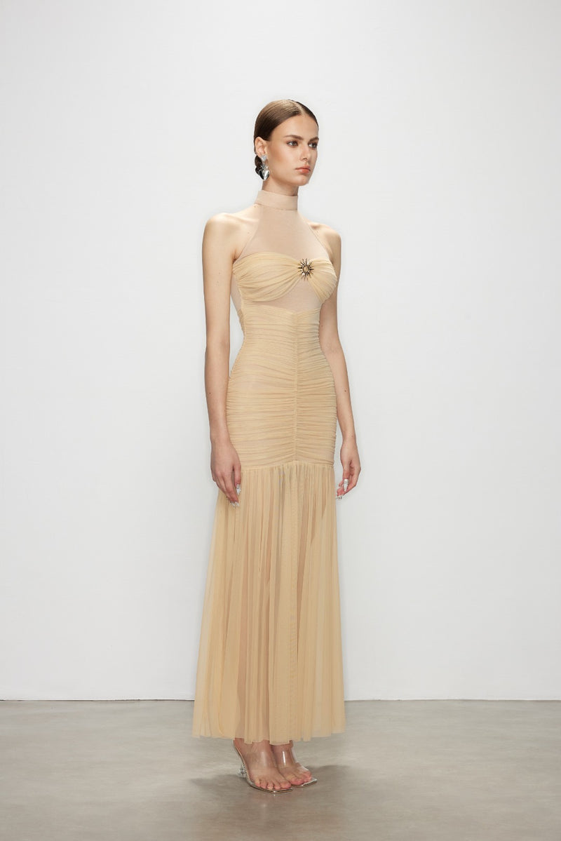 Artel Retro Halter Beige Mesh Midi Dress