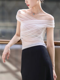 SIJIA白色一字肩褶皱网纱修身T恤