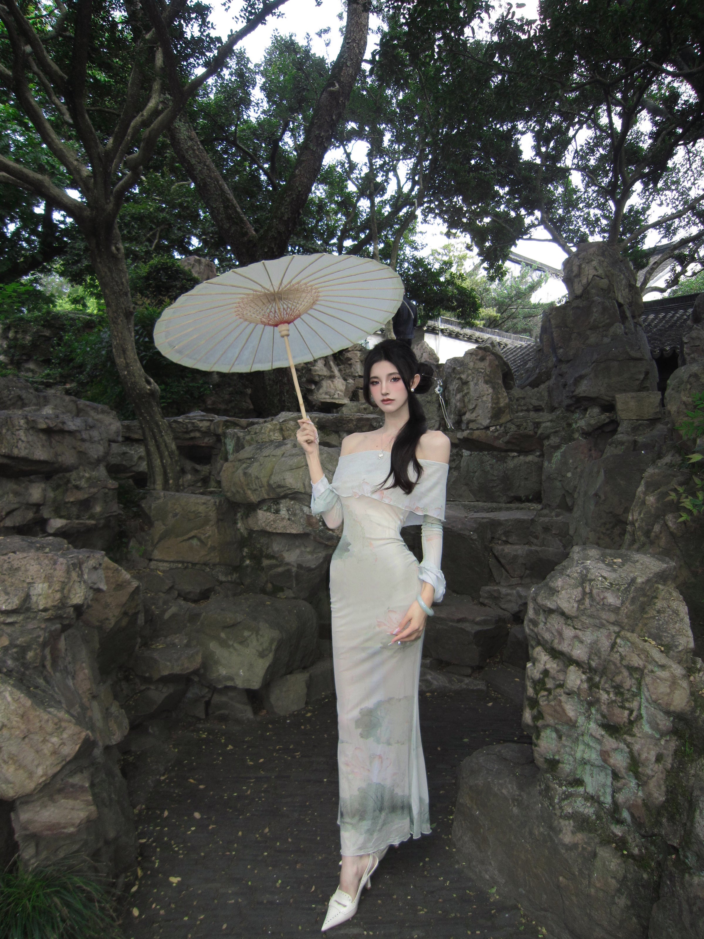 off shoulder dress in chinese Sexy Off Shoulder Satin Qipao Dress Print Cheongsam