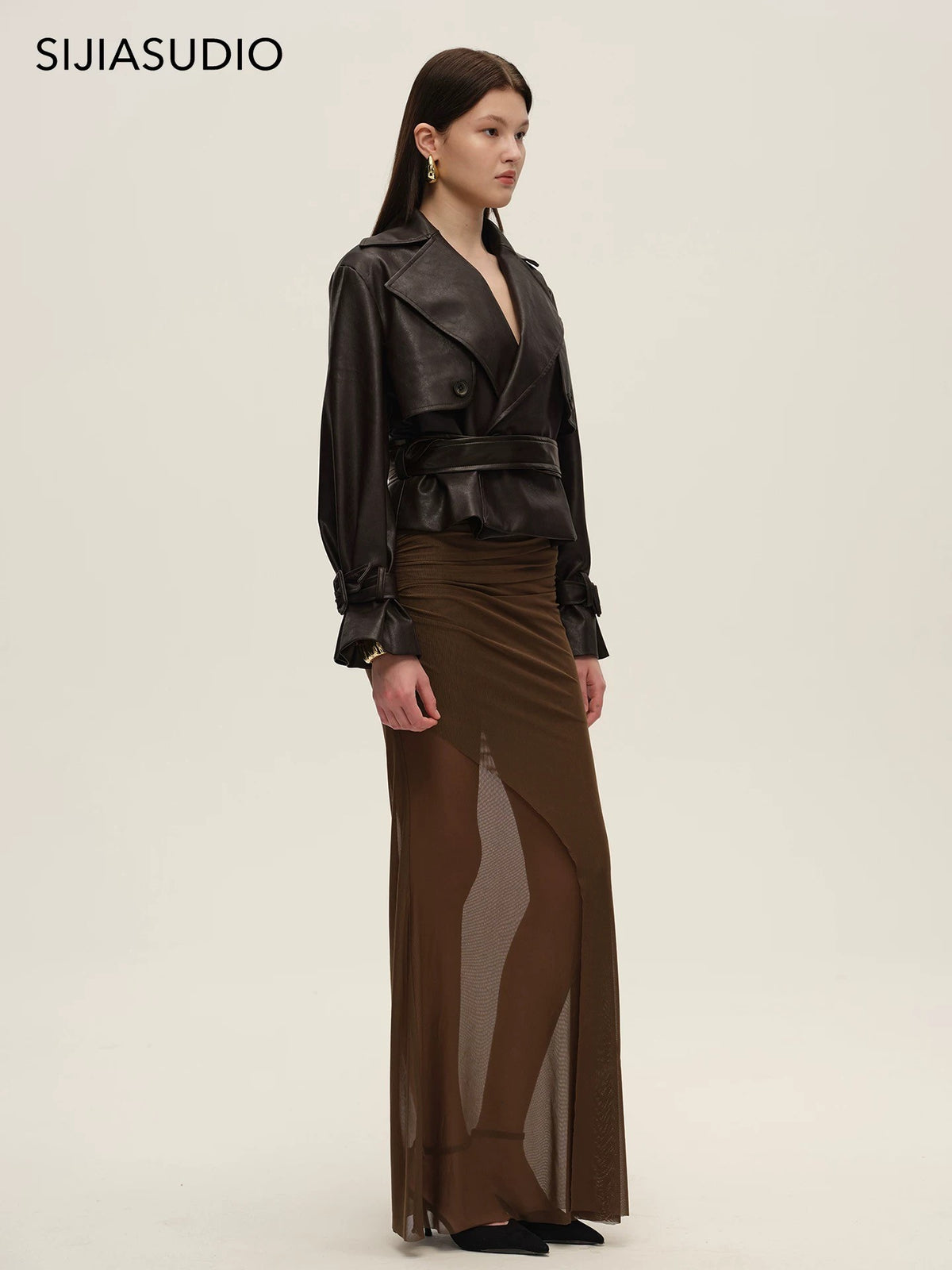 SIJIA Belted Short Leather Trench Coat (Dark Brown)