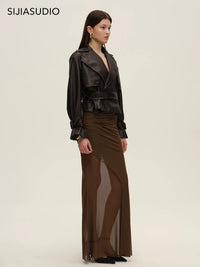 SIJIA Belted Short Leather Trench Coat (Dark Brown)