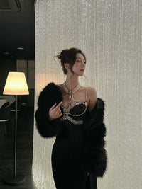KINGWEN Black Chain Gemstone Halter Dress