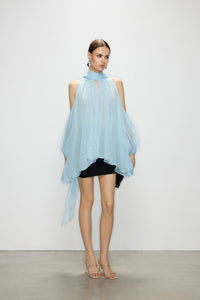 Artel Retro Light  Blue Off-Shoulder Ribbon Top