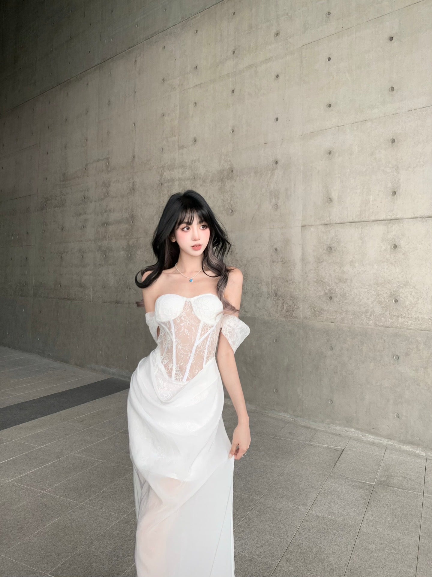 CROWCREW White Mist Fishbone Double-Layer Dress