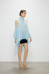 Artel Retro Light  Blue Off-Shoulder Ribbon Top
