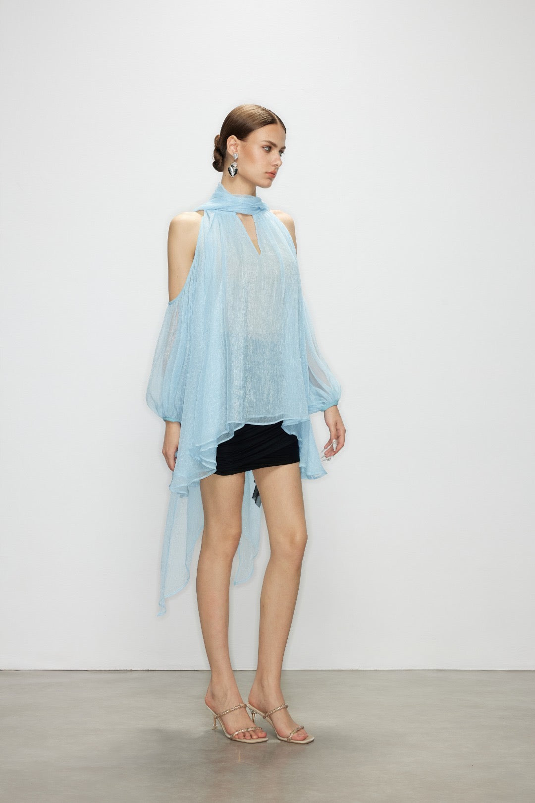 Artel Retro Light  Blue Off-Shoulder Ribbon Top