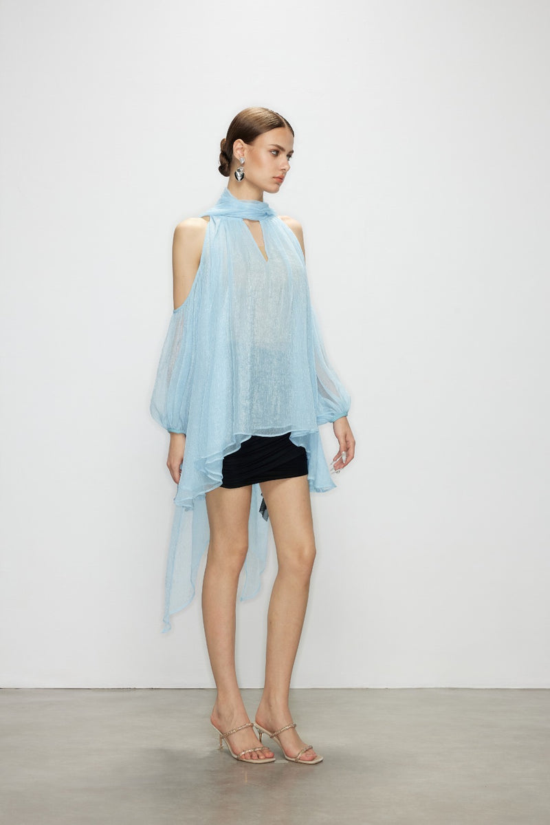 Artel Retro Light  Blue Off-Shoulder Ribbon Top