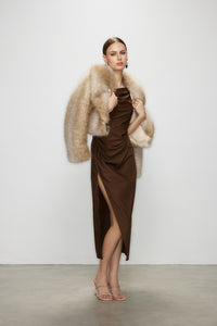 Artel Retro Brown Off-Shoulder Long Split  Midi Dress