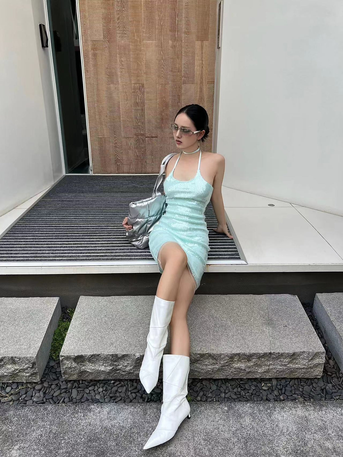mint green mini dress Condition Sequin Halter Fabric offers light stretch Azai Mini Dress Mint Shimmer