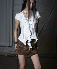 NOTKNOWING Stud Lace-Up Wrap Skirt (BROWN)