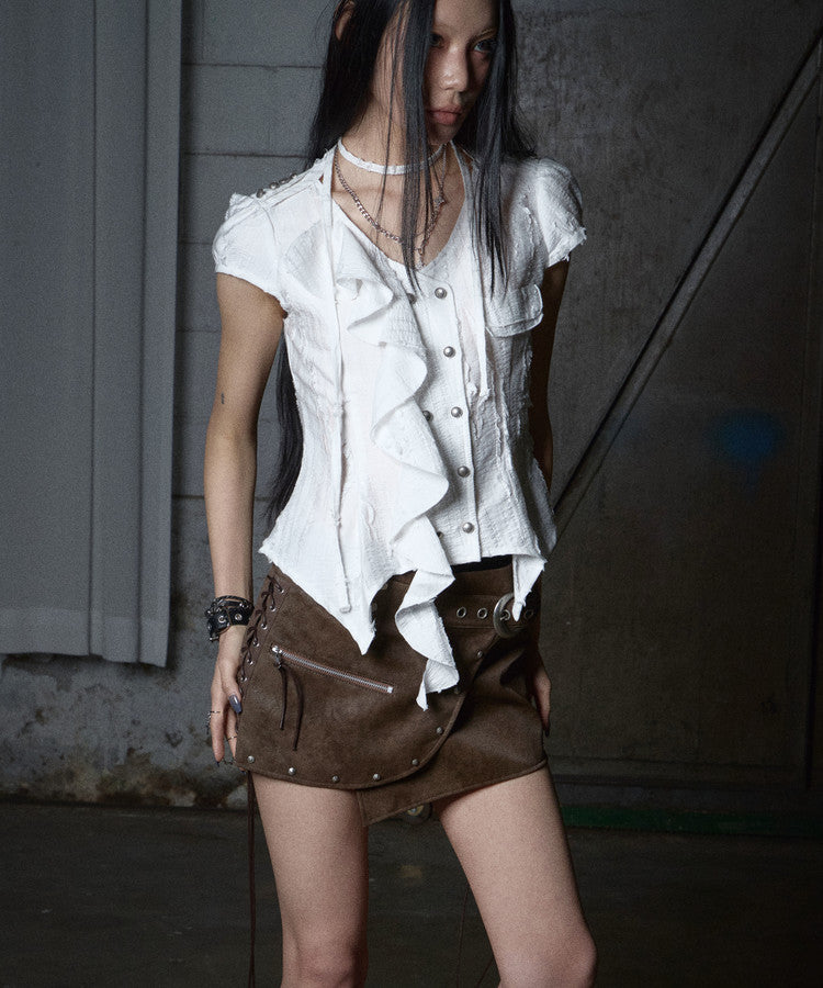 NOTKNOWING Stud Lace-Up Wrap Skirt (BROWN)
