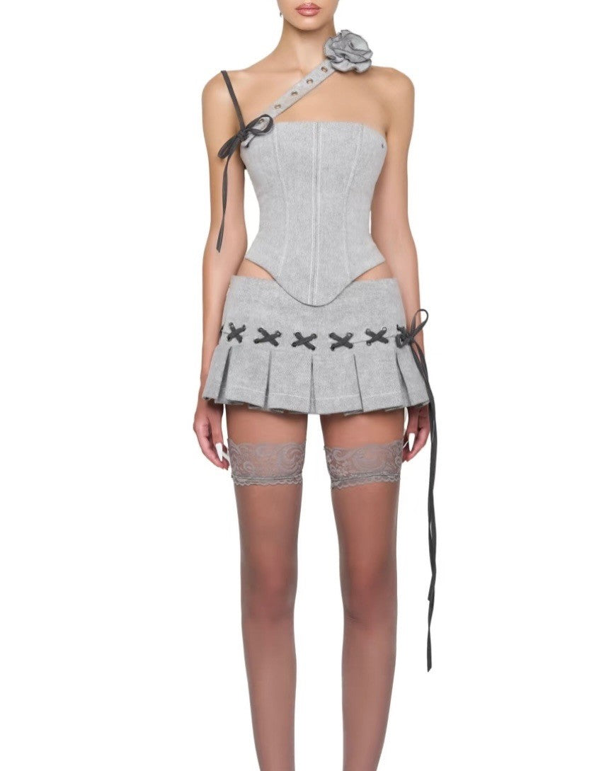 LSOUL立体花抹胸绑带束腰+超短裙套装