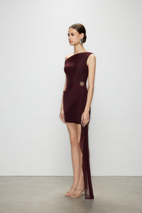 Artel Retro Sheer Deep Red Off-shoulder Mini  Dress