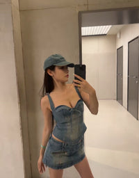 LSOUL牛仔低腰Skirt吊带紧身corse束腰套装