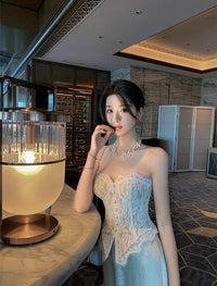 LANE CI蕾丝鱼骨抹胸包臀裙飘带套装（白）