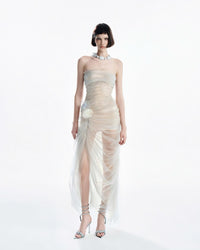 MUST HAVE French Beige Tulle 3D Floral Ruched Strapless Gown