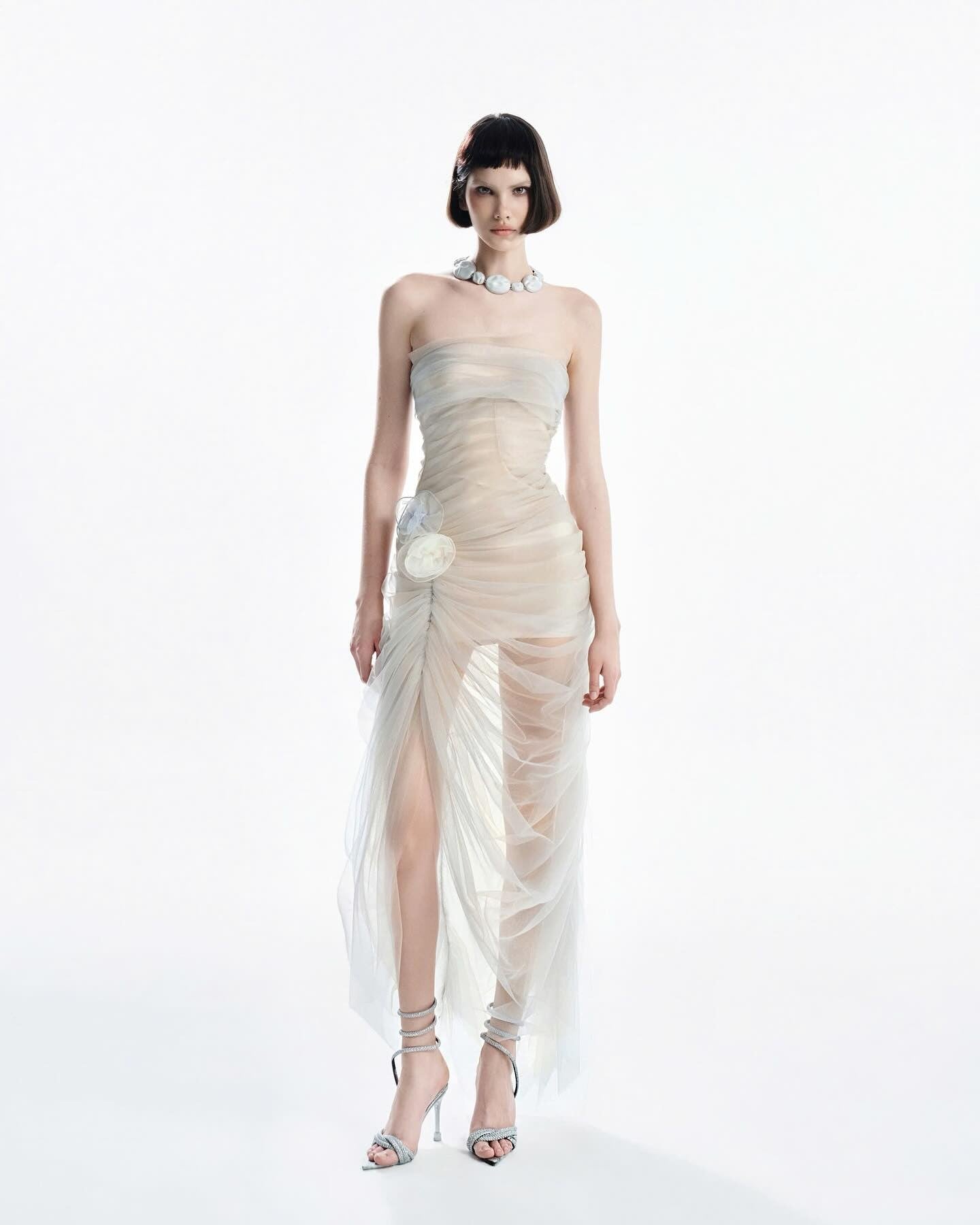 MUST HAVE French Beige Tulle 3D Floral Ruched Strapless Gown