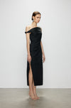 Artel Retro Black Off-Shoulder Long Split-Hem Midi Dress