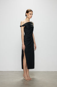 Artel Retro Black Off-Shoulder Long Split-Hem Midi Dress
