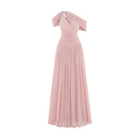 MOLLYNISTA Draped Off-Shoulder Stretch Mesh Dress (pink)