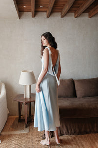 Sheer Luck Peggy Satin French V-Neck Open-Back Dress (Blue)