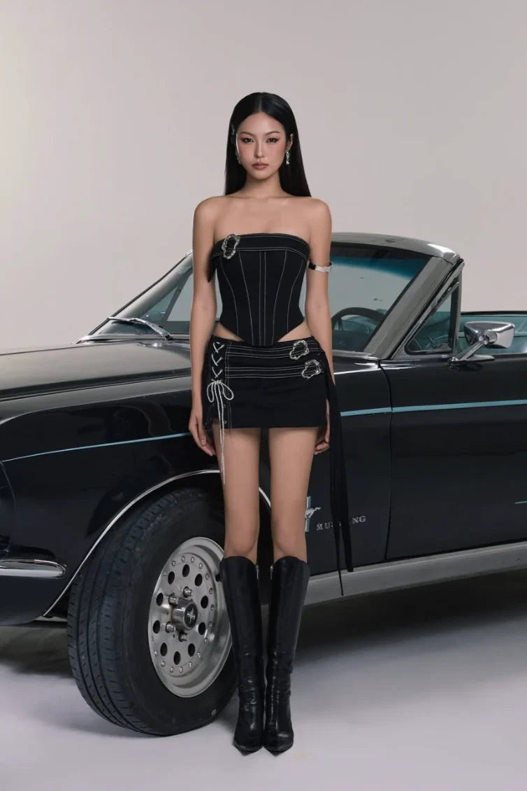 LANE CI Kendal 黑色牛仔抹胸套装