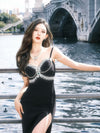 KINGWEN Black Chain Gemstone Halter Dress