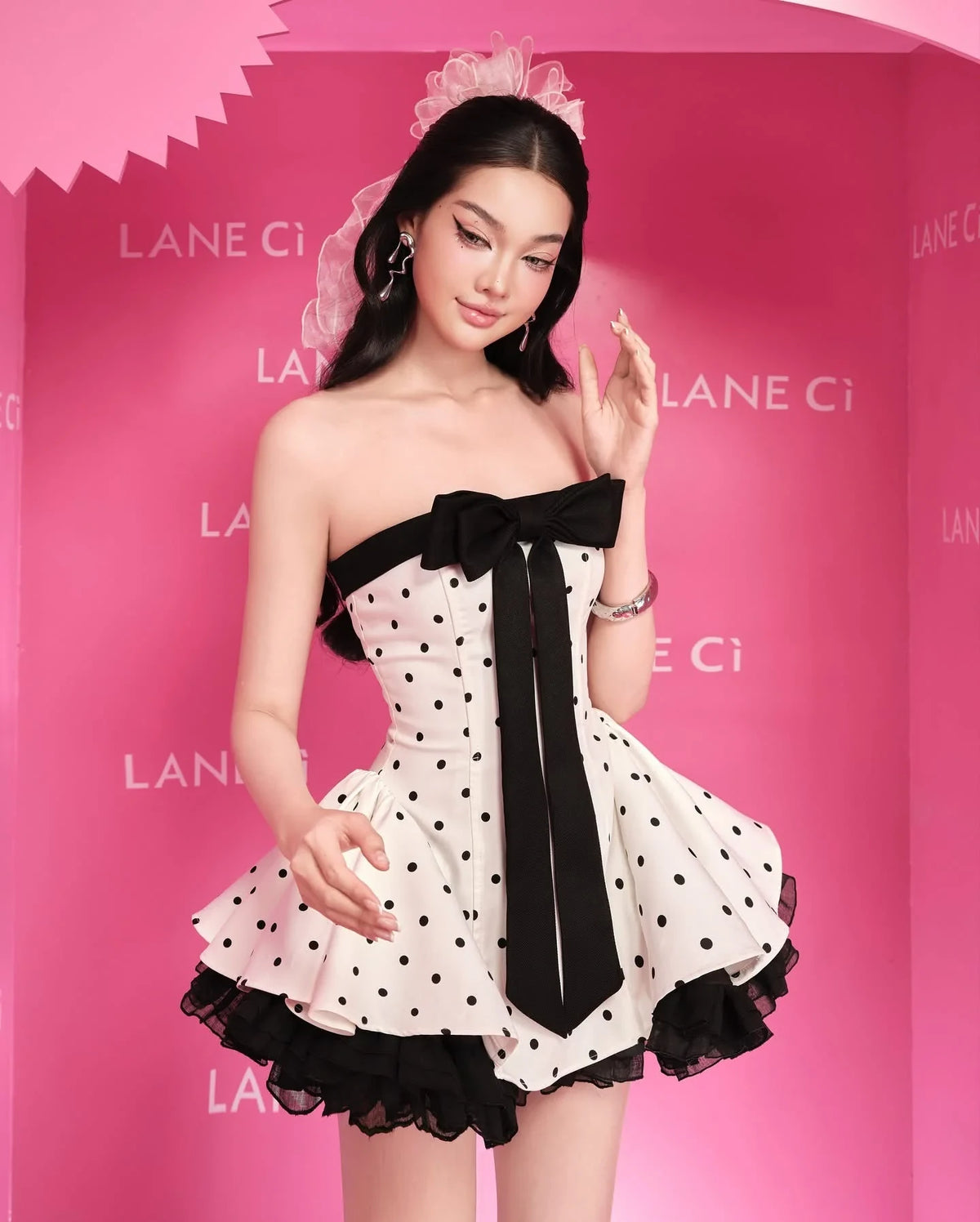 LANE CI Strapless Fit-and-Flare Skirt Set with Bowknot (Polka Dot)