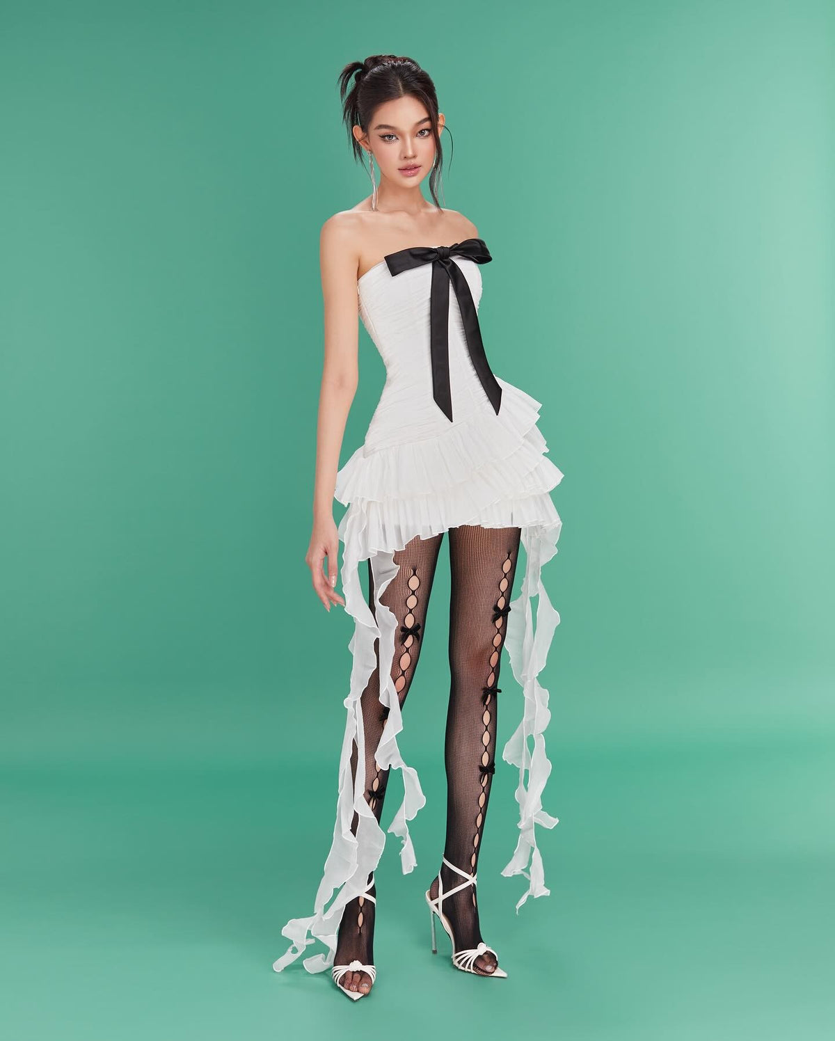 LANE CI Camella White Ribbon Ruffle Tube Dress