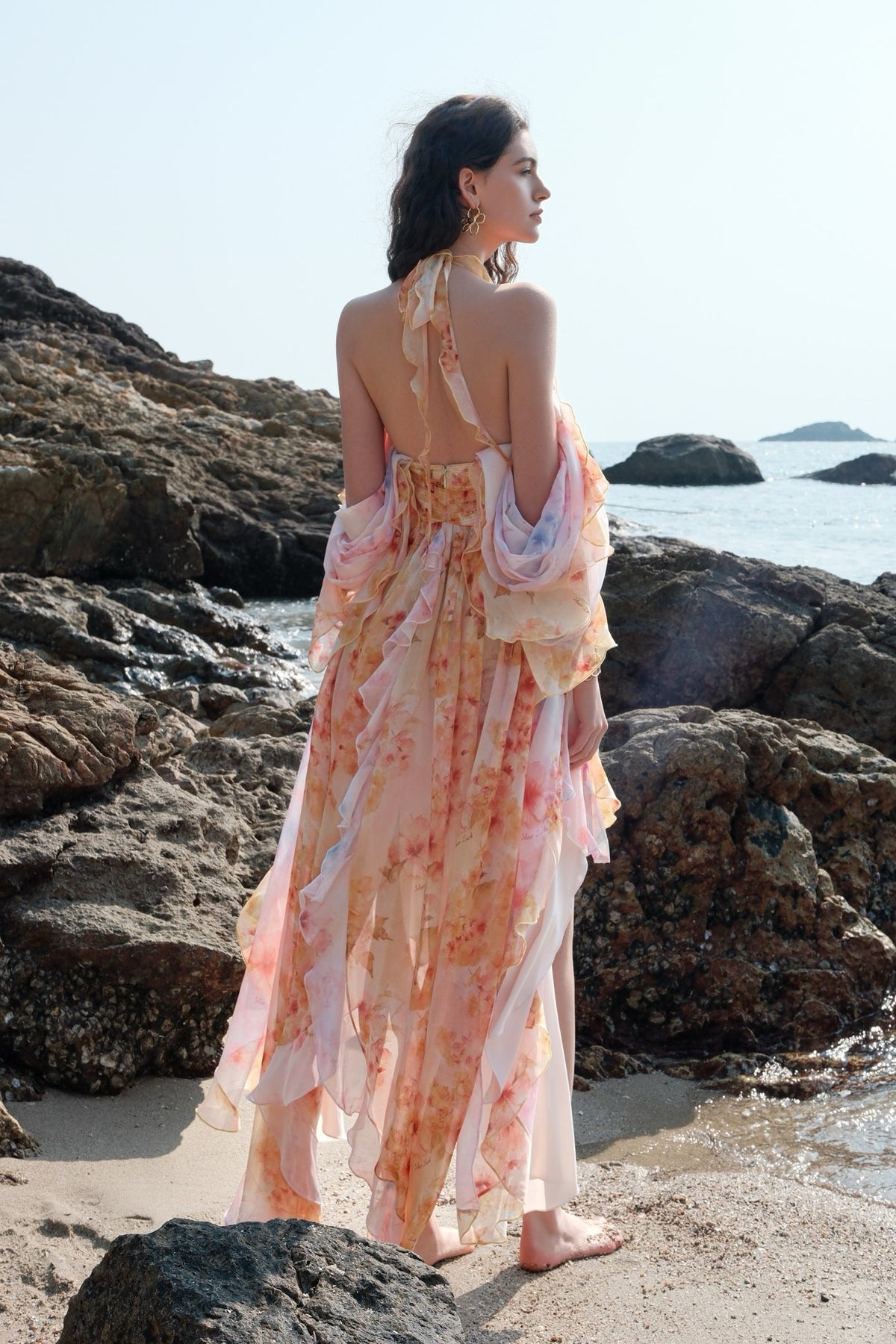 Sheer Luck Guggi Vacation Print Layered Halter Cami Dress