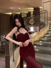 Sheer Luck Kira网纱飘带修身褶皱鱼尾长连衣裙（安克拉红）