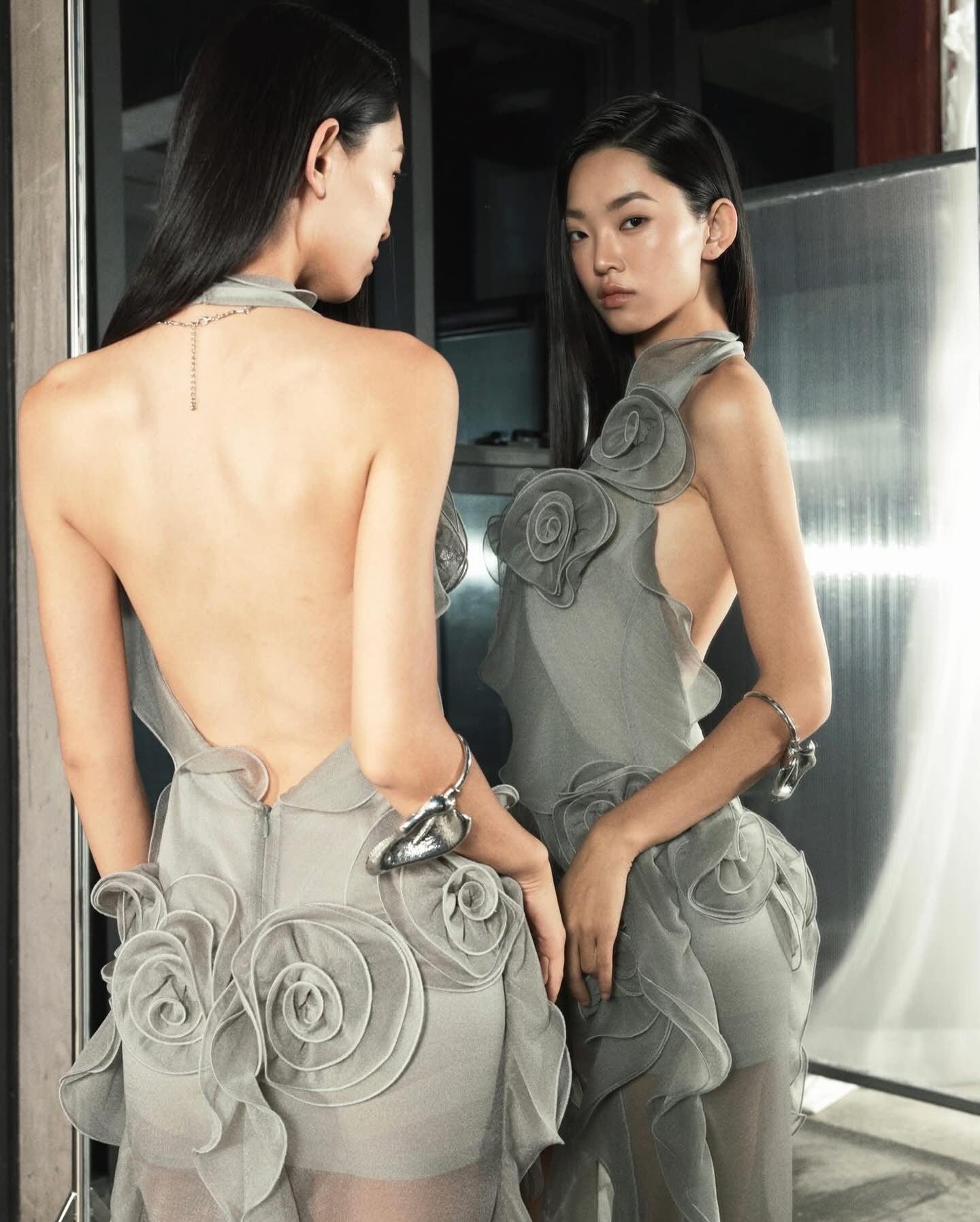 MUST HAVE Gray Asymmetric Strap 3D Floral Slit Dress