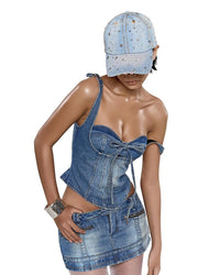 LSOUL牛仔低腰Skirt吊带紧身corse束腰套装