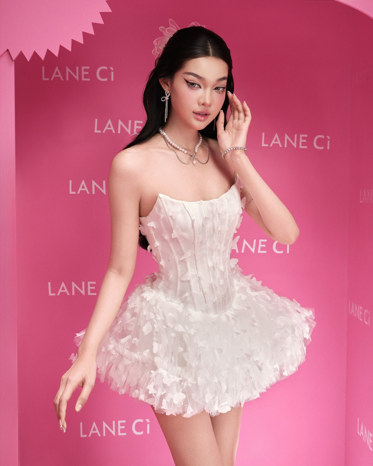 LANE CI Swan White 3D Butterfly Tube Puff Dress