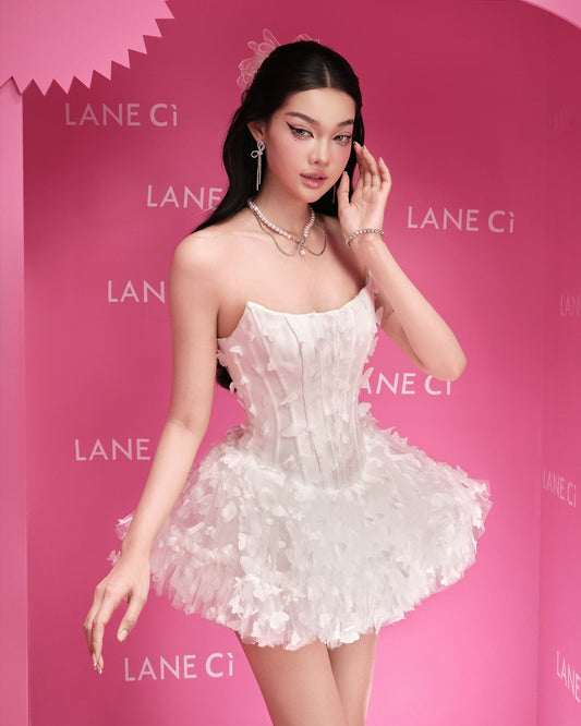 LANE CI Swan White 3D Butterfly Tube Puff Dress