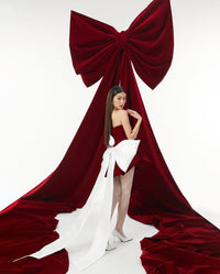 LANE CI 圣诞红色甜美抹胸可拆卸蝴蝶结套装蓬蓬裙