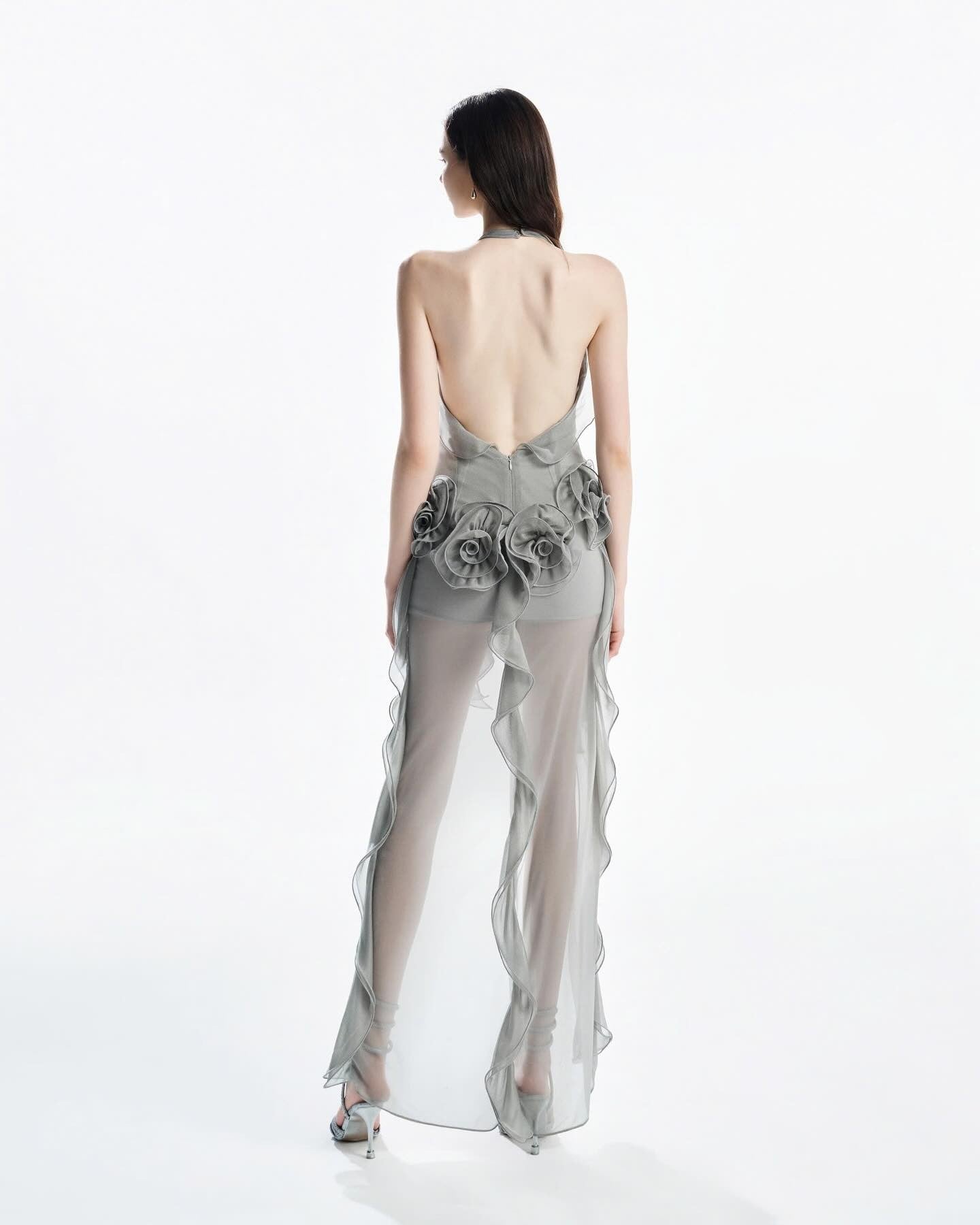 MUST HAVE Gray Asymmetric Strap 3D Floral Slit Dress