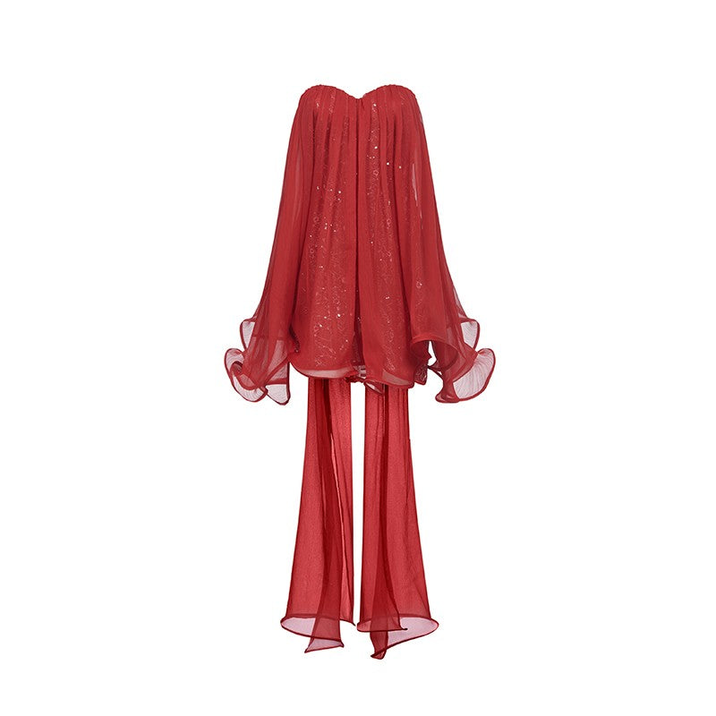 Sheer Luck Thiri雪纺抹胸飘蓬蓬荷叶边连衣裙（红）