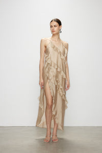 Artel Retro Wave Kiss Light Brown Ruffled High-Slit Dress
