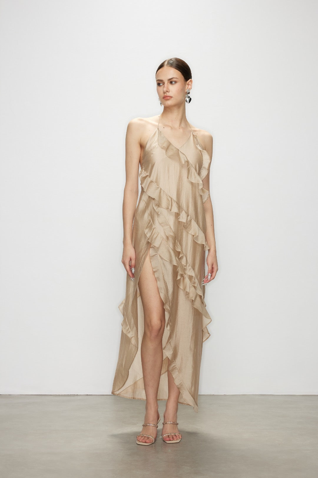 Artel Retro Wave Kiss Light Brown Ruffled High-Slit Dress