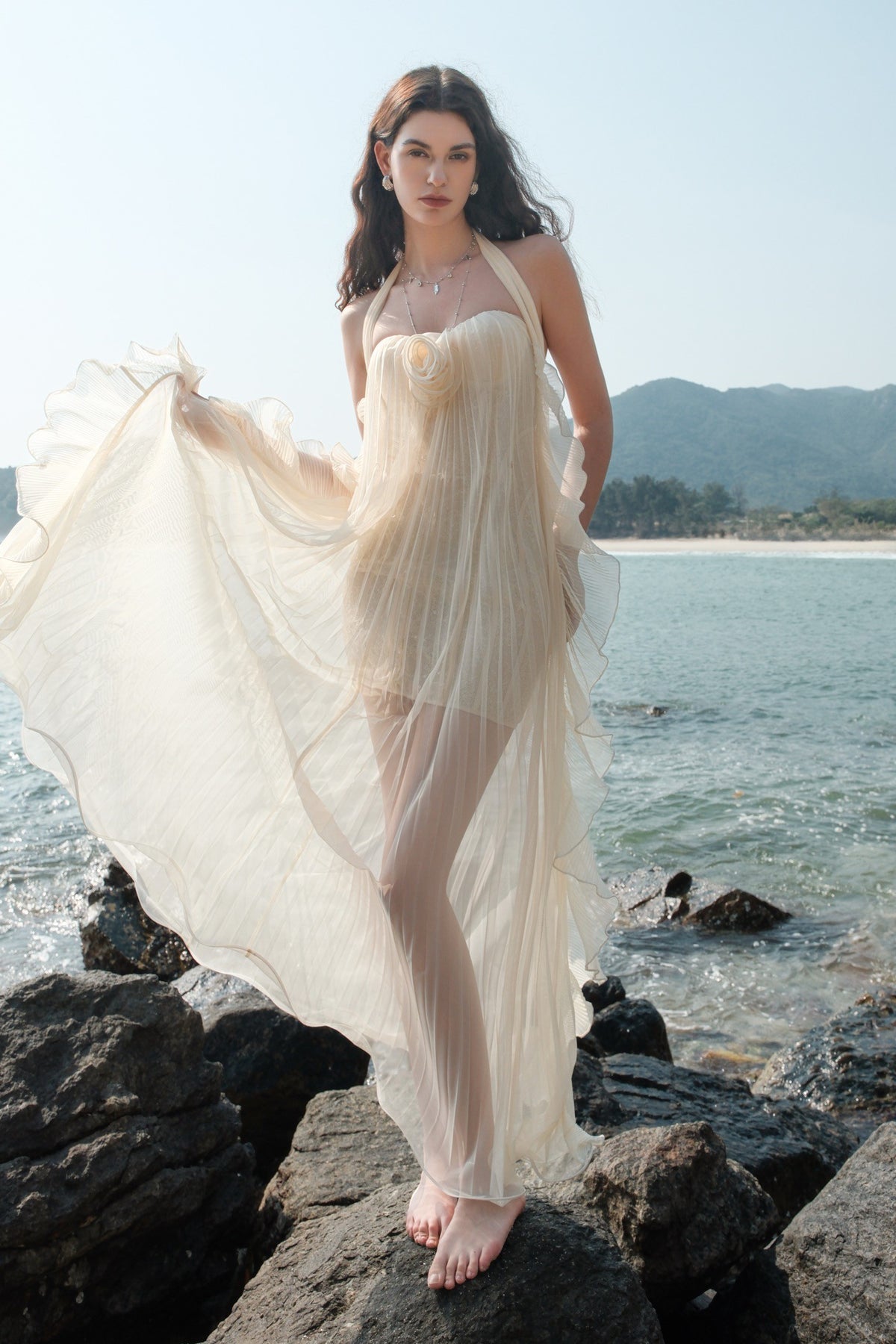 Sheer Luck Thessa Beige Apricot Mesh Halter Tube Dress