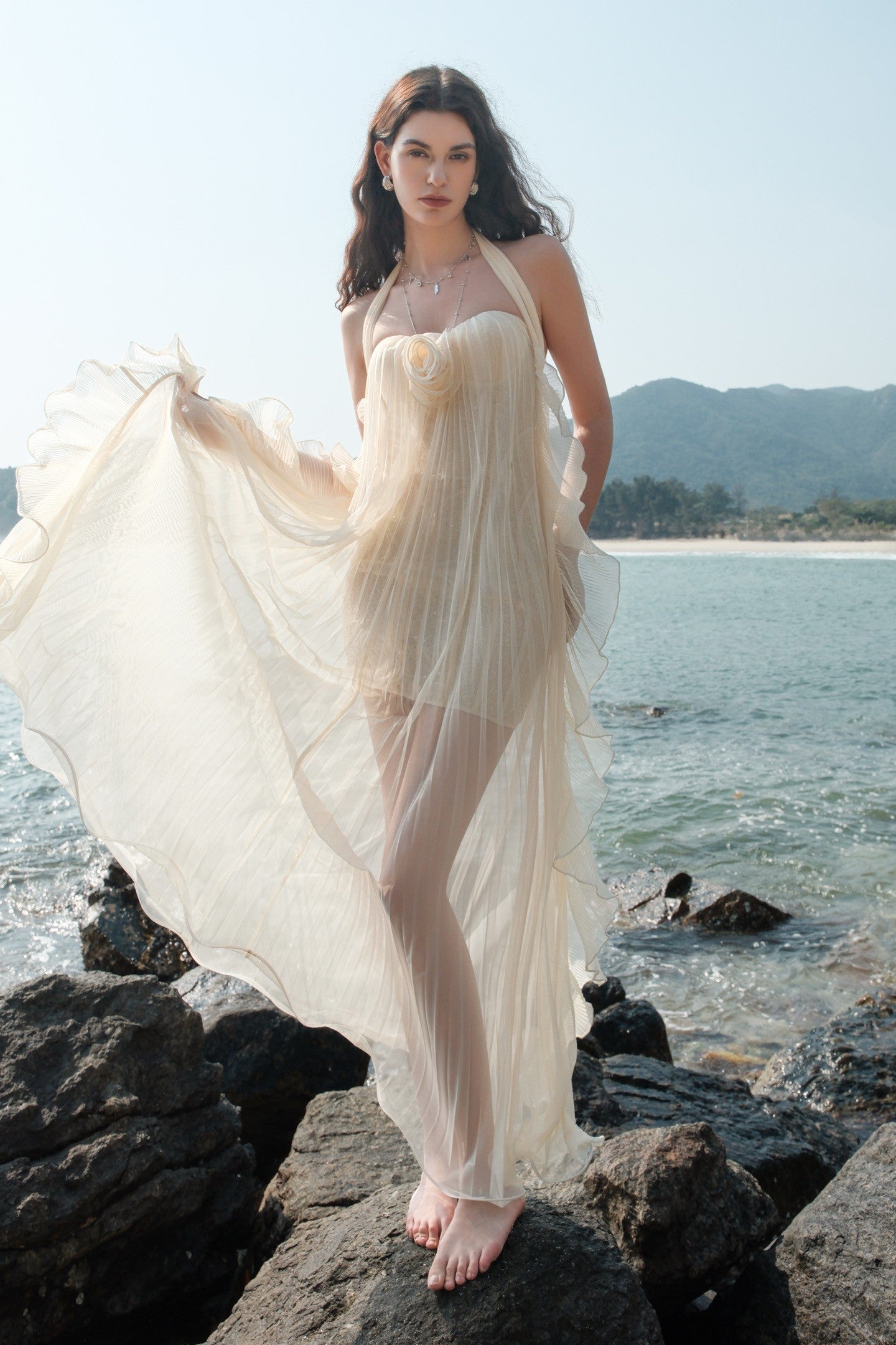 Sheer Luck Thessa Beige Apricot Mesh Halter Tube Dress