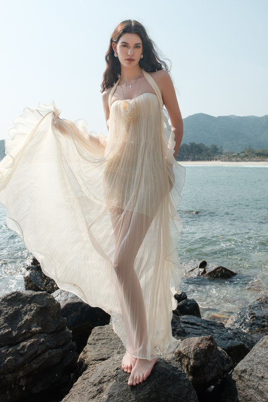 Sheer Luck Thessa Beige Apricot Mesh Halter Tube Dress