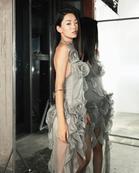 MUST HAVE Gray Asymmetric Strap 3D Floral Slit Dress