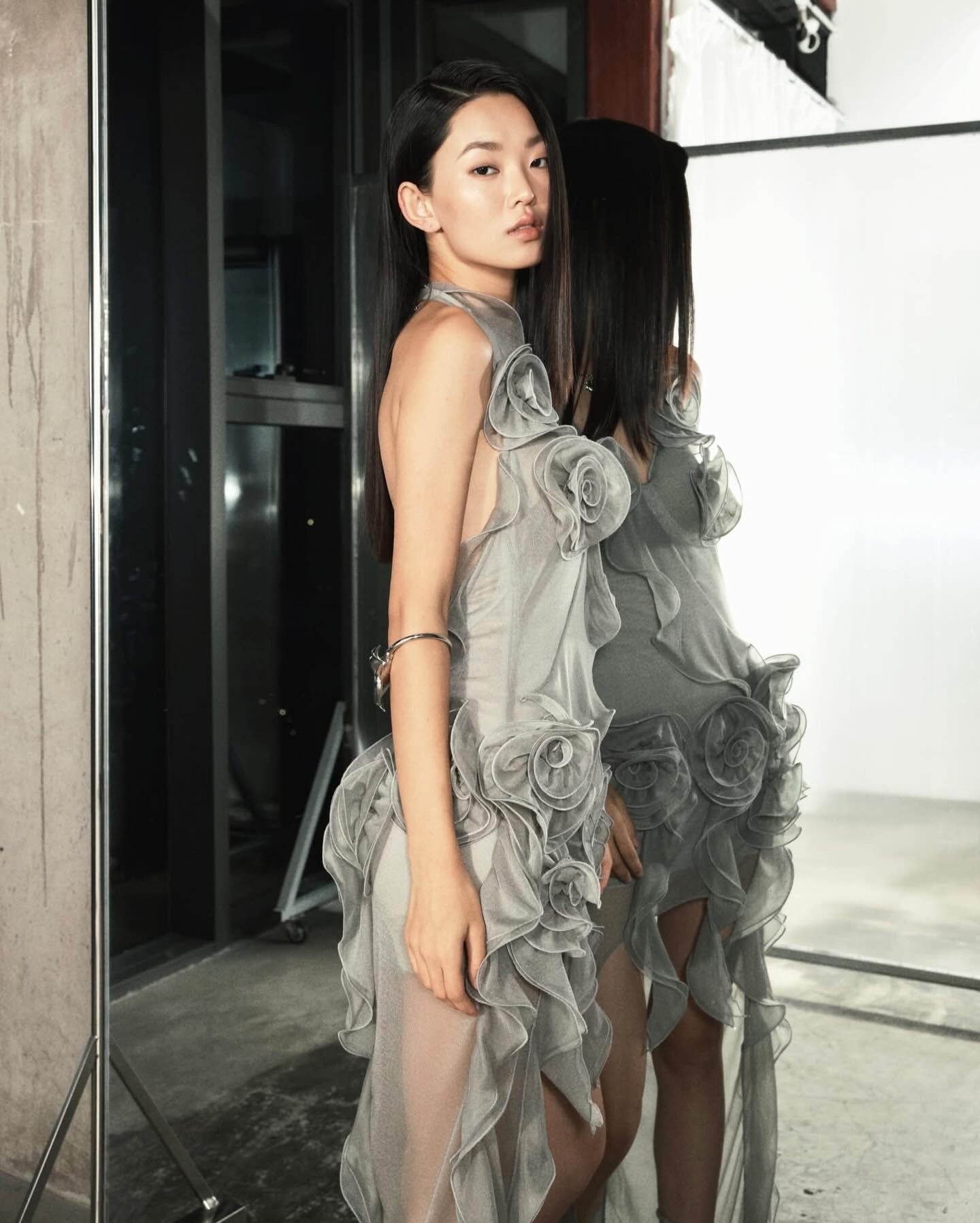 MUST HAVE Gray Asymmetric Strap 3D Floral Slit Dress